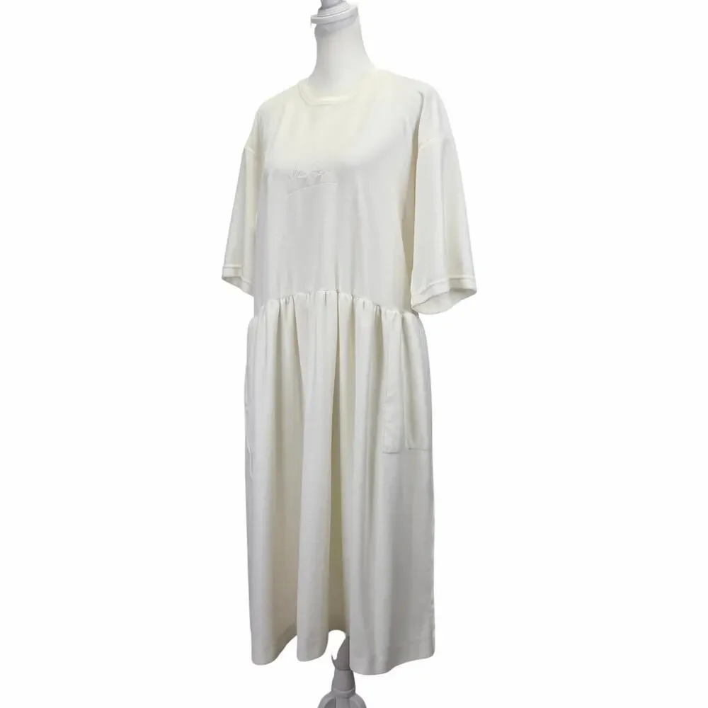 Vintage SONIA RYKIEL Cotton Velour Dress Cream Size L Exposed Seams Pockets